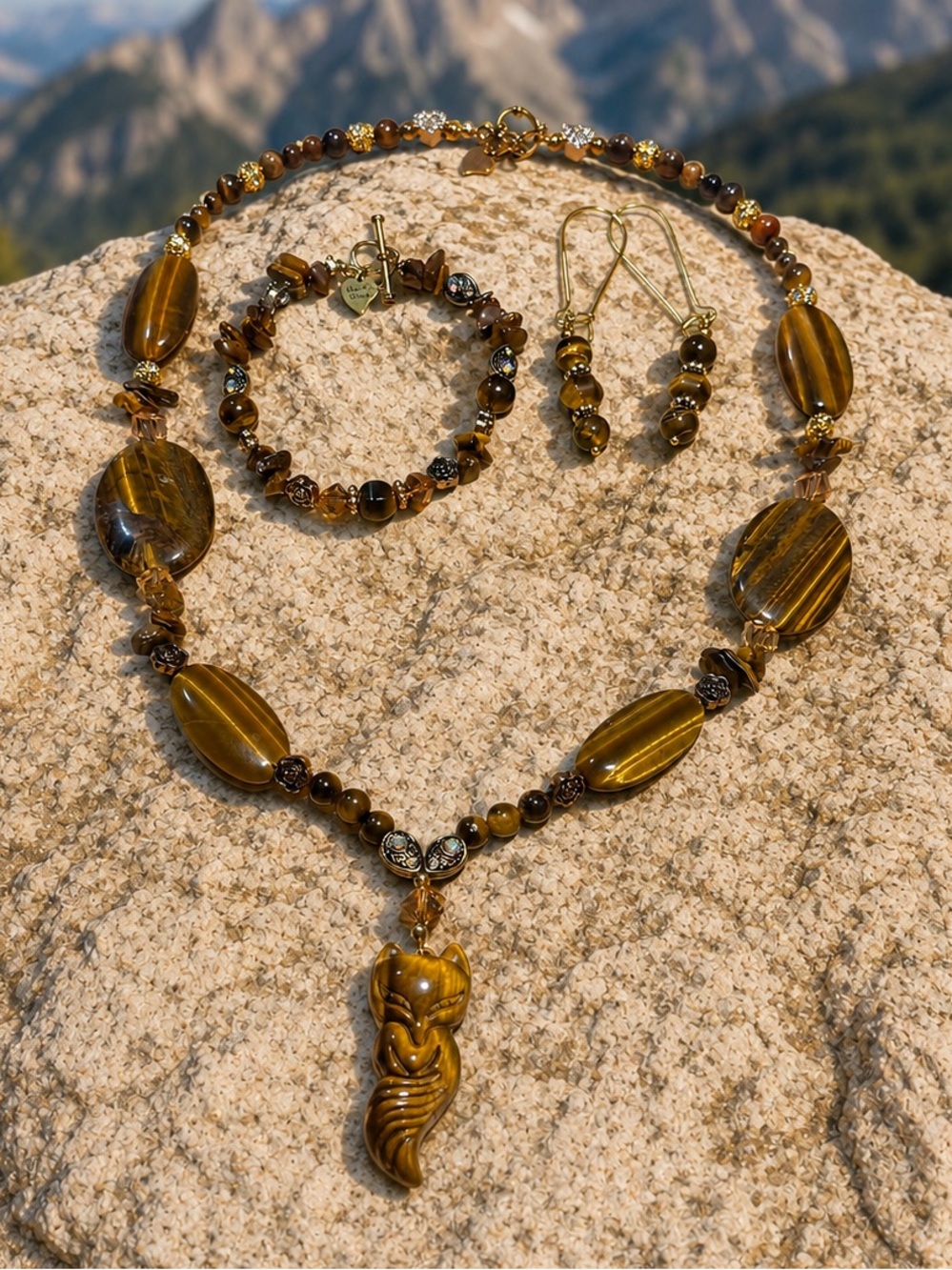 Tiger Eye Carved Fox Pendant Necklace, Bracelet and Earring Set w/Rose Beads